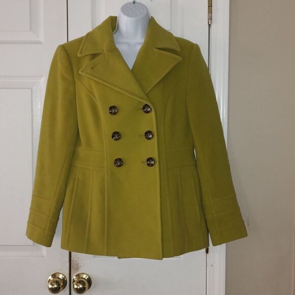 St John's Bay lime green double breasted wool cashmere pea coat Sz S - Picture 1 of 6